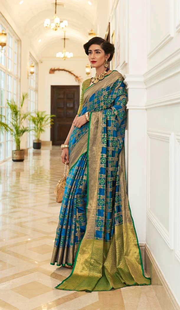 Gleaming Blue Color Patola Silk Jacquard Work Casual Party Wear Saree Blouse -6246168223