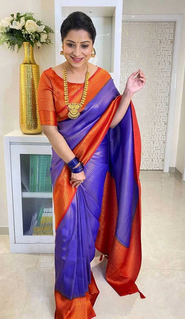 Purple Color Banarasi Soft Silk Weaving Work Casual Party Wear Saree Blouse -6256168270