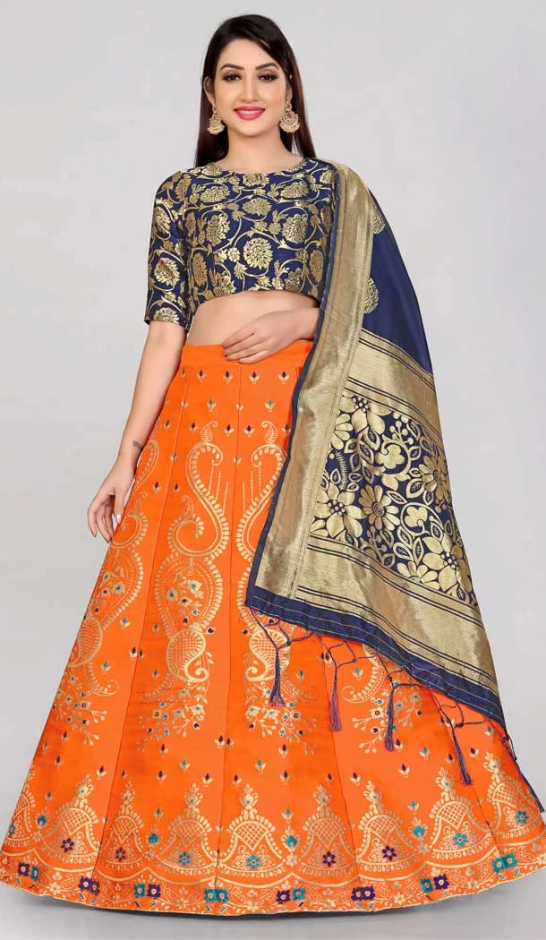 Banarasi Silk Orange Color Jacquard Work Traditional Party Wear Lehenga Choli -6334168805