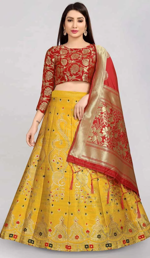 Banarasi Silk Yellow Color Jacquard Work Traditional Party Wear Lehenga Choli -6334168807
