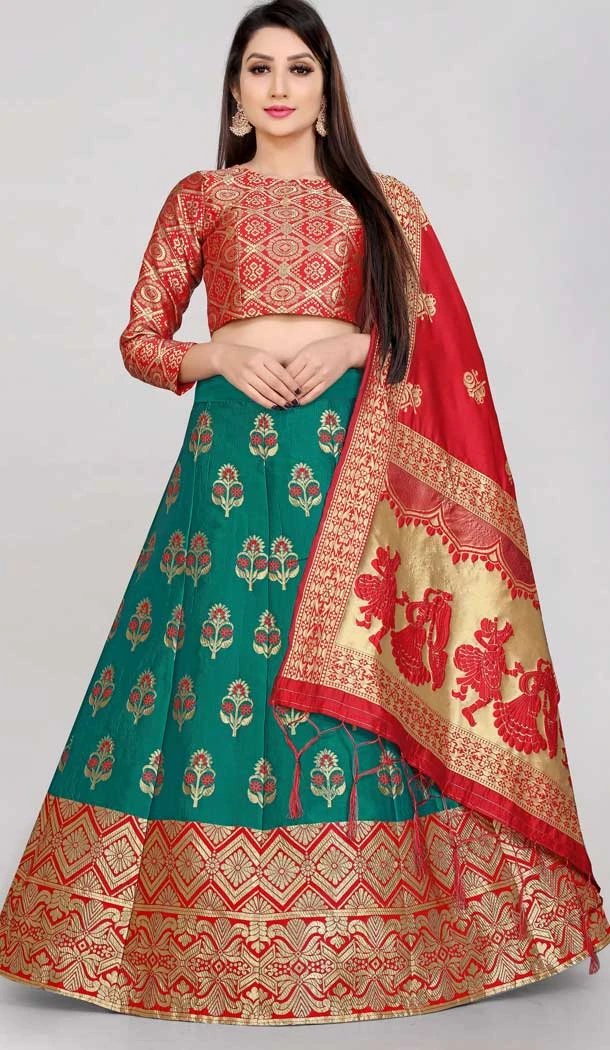 Traditional Banarasi Silk Jacquard Work Rama Green Color Party Wear Lehenga Choli -6335168808
