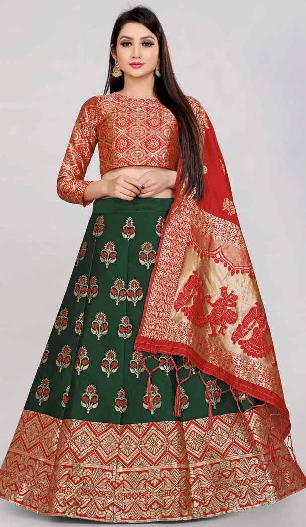 Traditional Banarasi Silk Jacquard Work Green Color Party Wear Lehenga Choli -6335168809