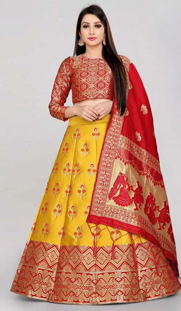 Traditional Banarasi Silk Jacquard Work Yellow Color Party Wear Lehenga Choli -6335168814
