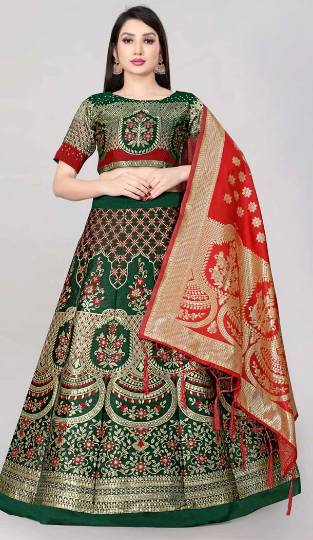 Banarasi Silk Jacquard Work Green Color Traditional Wear Lehenga Choli -6336168815