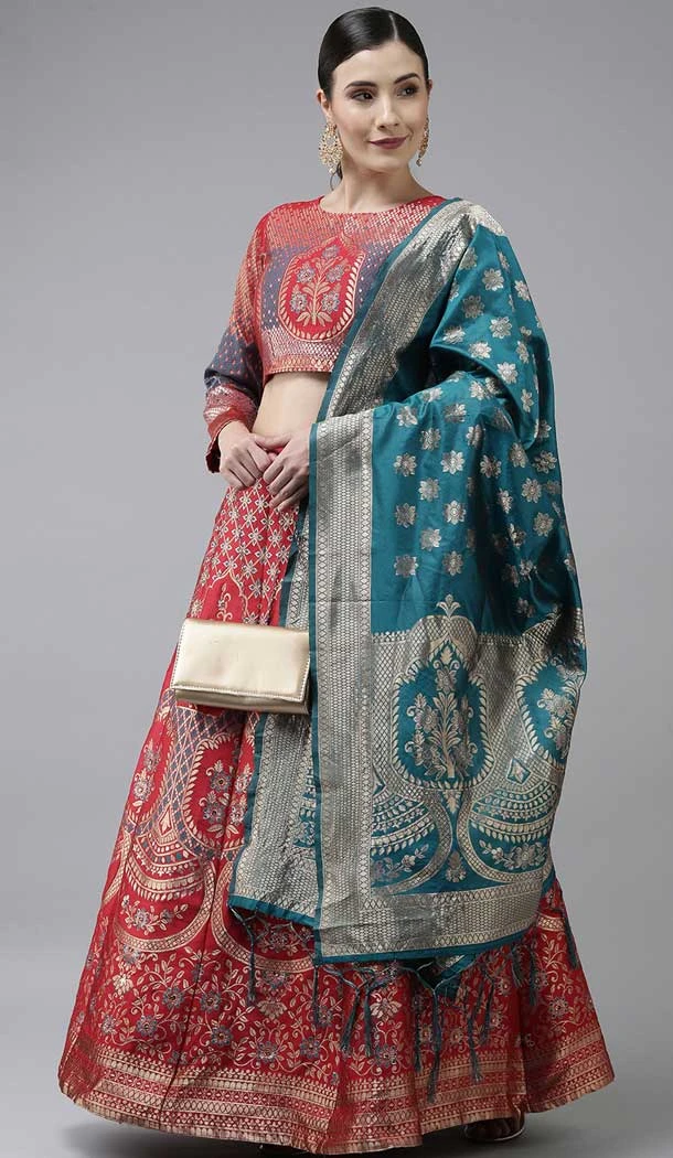 Banarasi Silk Jacquard Work Red Color Traditional Wear Lehenga Choli -6336168818