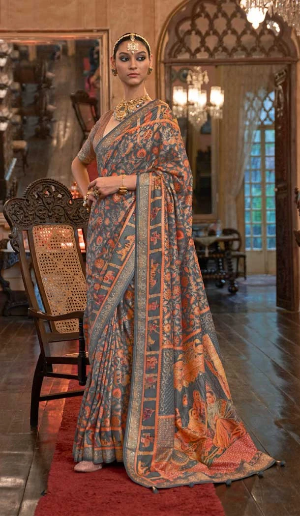 Grey Color Pure Patola Heavy Sparkal Work Designer Plus Size Saree -6340168847