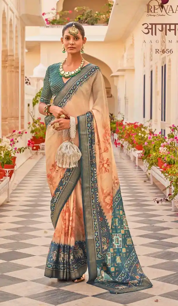 Teal Blue Color Silk Chiffon Heavy Patola Print Work Designer Plus Size Saree -6341168853