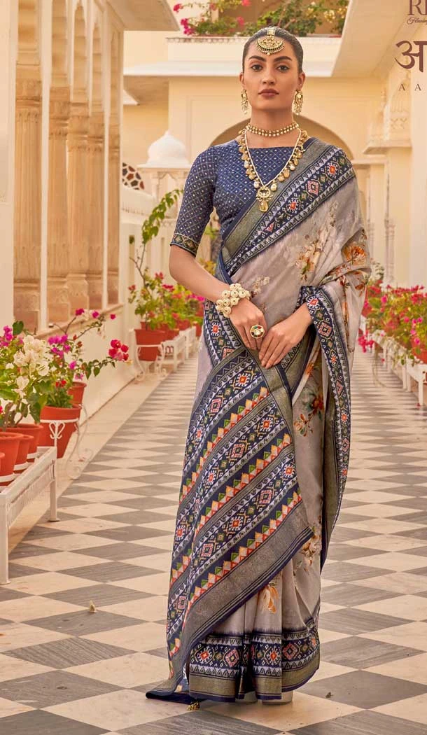 Navy Blue Color Silk Chiffon Heavy Patola Print Work Designer Plus Size Saree -6341168854