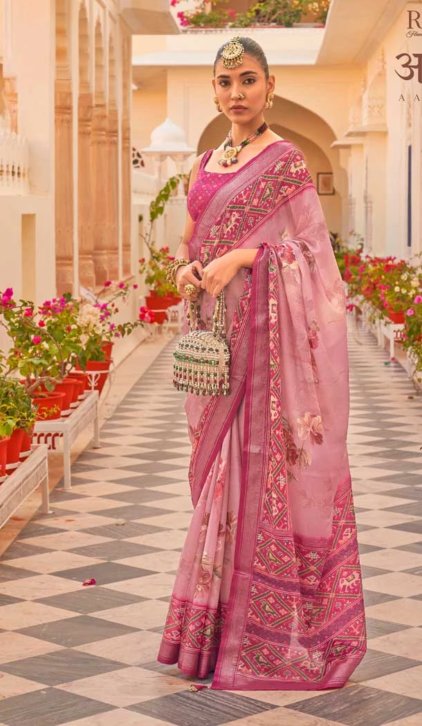 Pink Color Silk Chiffon Heavy Patola Print Work Designer Plus Size Saree -6341168857