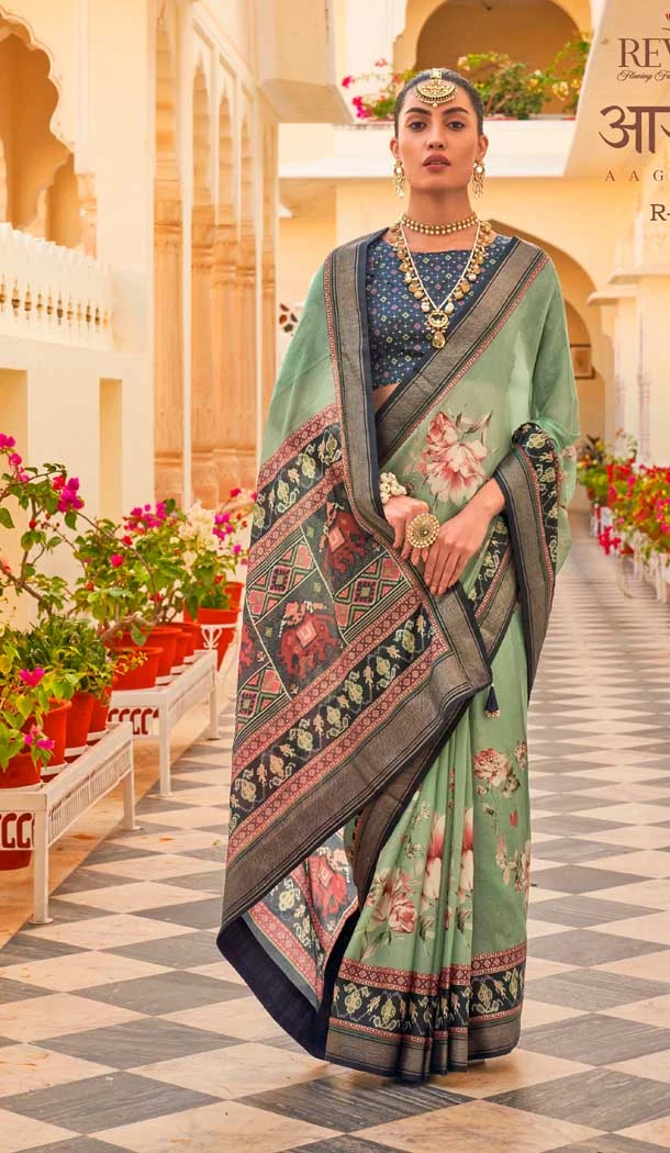 Pista Green Color Silk Chiffon Heavy Patola Print Work Designer Plus Size Saree -6341168858