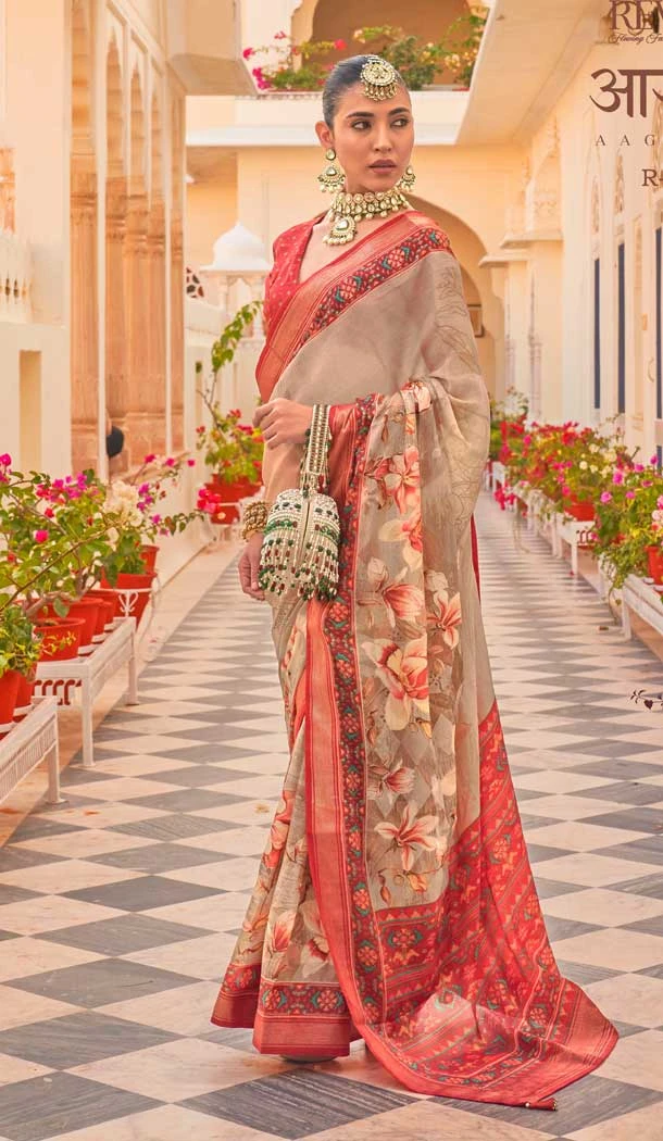 Beige Color Silk Chiffon Heavy Patola Print Work Designer Plus Size Saree -6341168859