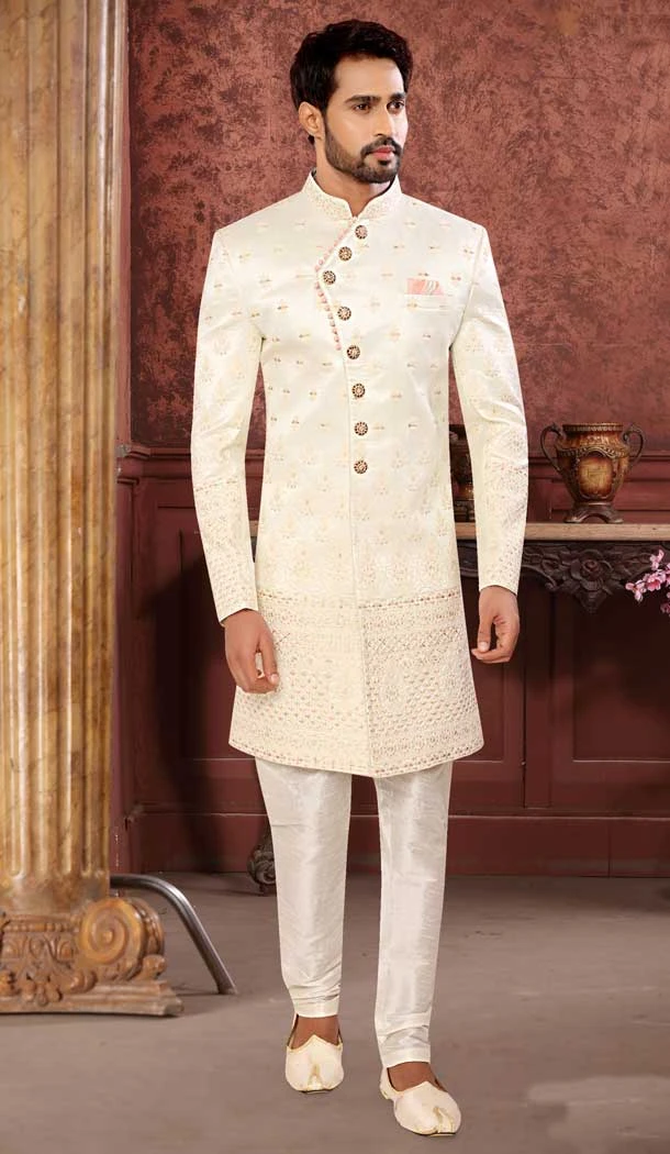 Wonderful Ivory Color Silk Designer Men's Wear Indo-Western Plus Size Shewani -6357169031