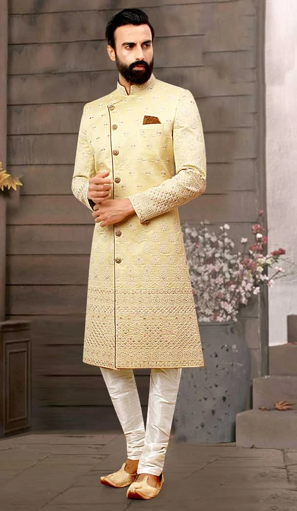 Yellow Color Silk Designer Men's Wear Indo-Western Plus Size Shewani -6357169034