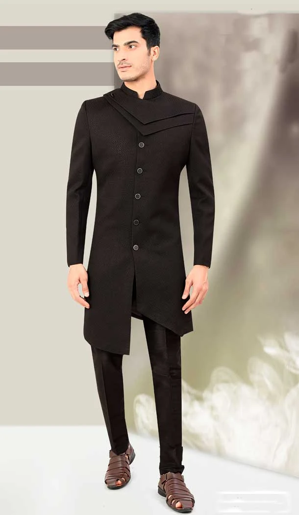 Divine Black Color Jacquard Designer Men's Wear Indo-Western Plus Size Shewani -6357169039