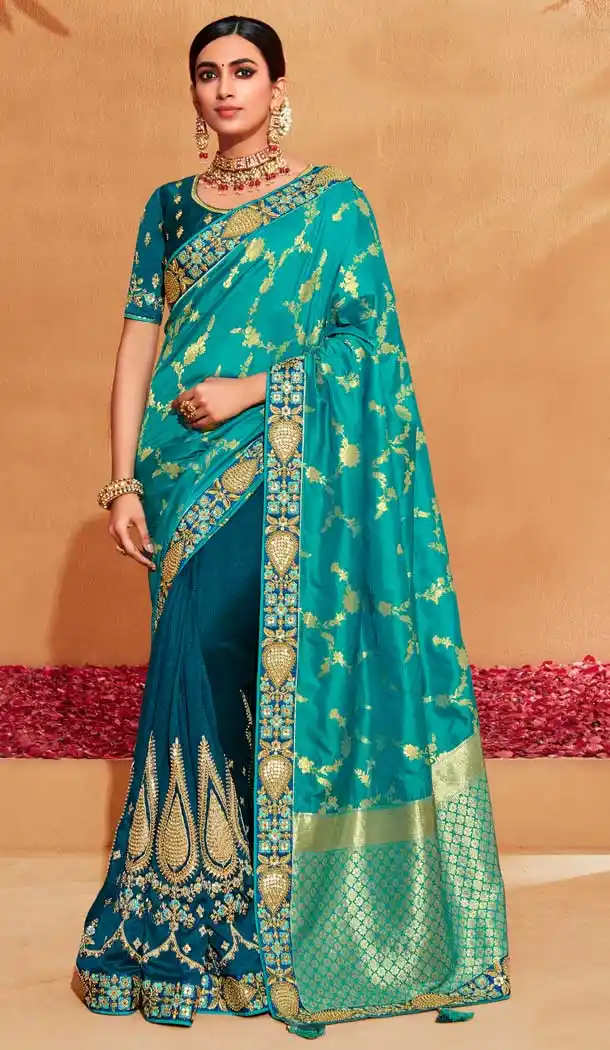 Banarasi Silk Teal Color Jacquard Work Designer Wedding Wear Saree Blouse -6362169076