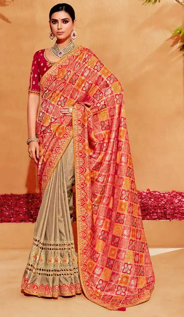 Banarasi Silk Red and Orange Color Jacquard Work Designer Wedding Wear Saree -6362169080
