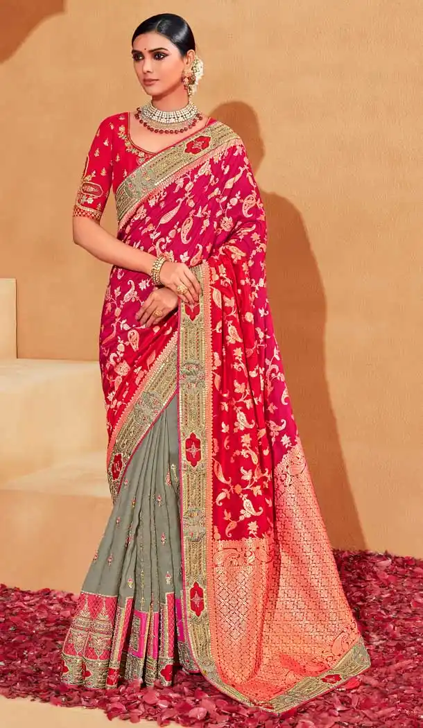Banarasi Silk Red and Grey Color Jacquard Work Designer Wedding Wear Saree -6362169081