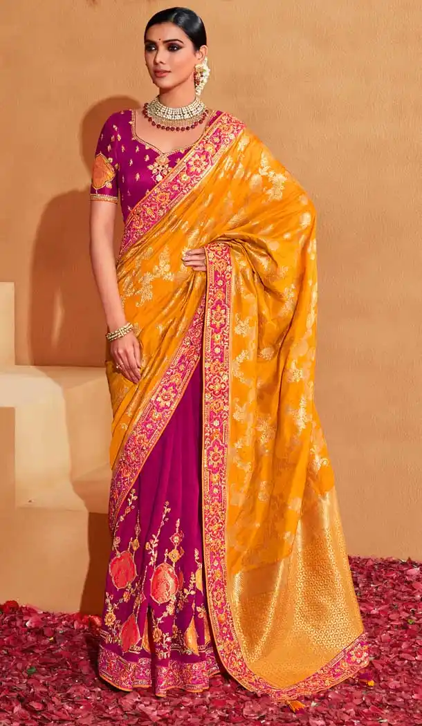Banarasi Silk Yellow and Purple Color Jacquard Work Designer Wedding Wear Saree -6362169082