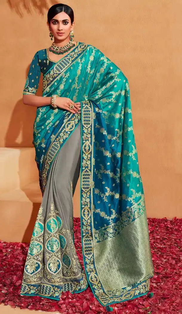 Banarasi Silk Teal Blue Color Jacquard Work Designer Wedding Wear Saree Blouse -6362169083