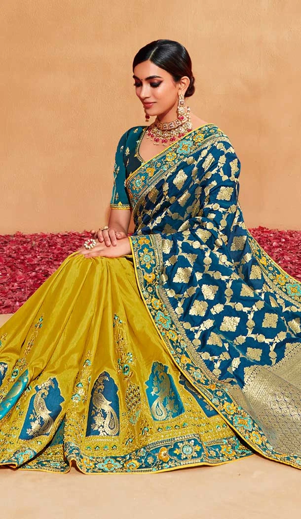 Banarasi Silk Blue and Green Color Jacquard Work Designer Wedding Wear Saree -6362169084