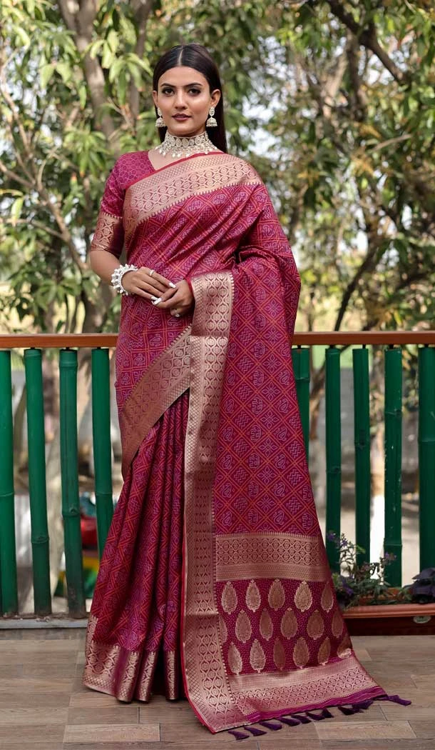 Burgundy Color Bandhej Patola Silk Weaving Work Traidiotnal Party Wear Saree -6369169120