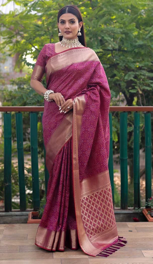 Purple Color Bandhej Patola Silk Weaving Work Traditional Party Wear Saree -6369169126
