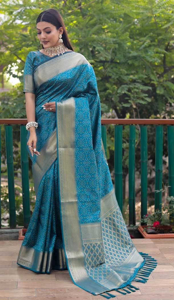 Bandhej Patola Silk Rama Blue Color Weaving Work Traditional Party Wear Saree -6369169127
