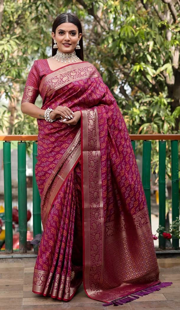 Bandhej Patola Silk Weaving Work Burgundy Color Traditional Party Wear Saree -6370169132