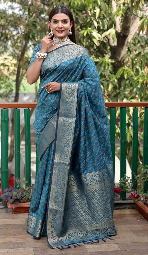 Bandhej Patola Silk Weaving Work Rama Blue Color Traditional Party Wear Saree -6370169133