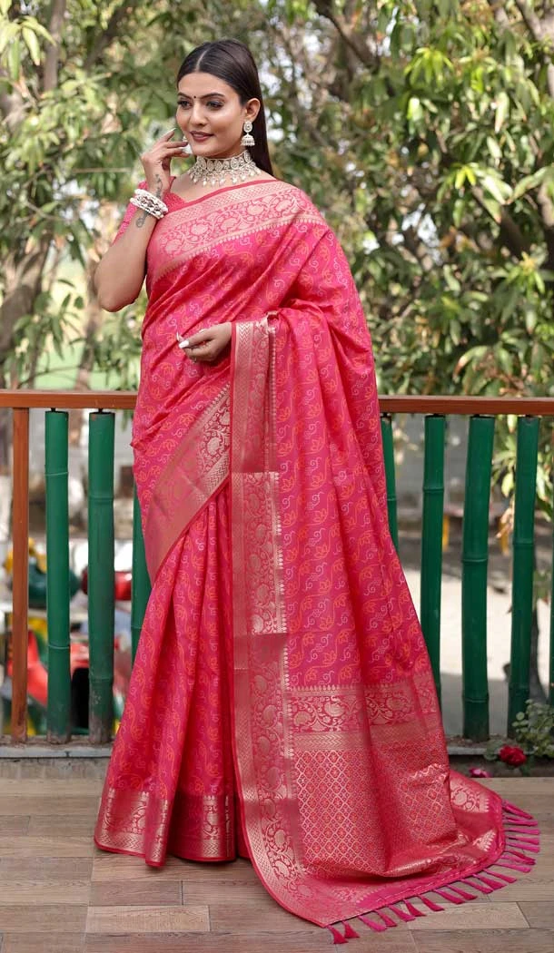 Glamorous Bandhej Patola Silk Weaving Work Pink Color Traditional Party Wear Saree -6370169135