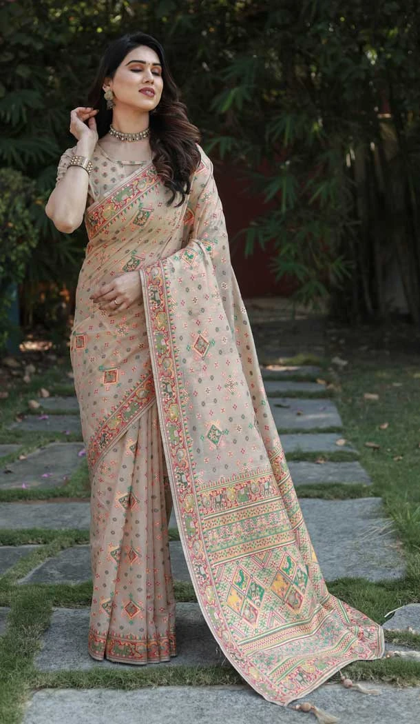 Beige Color Pashmina Soft Cotton Patola Print Work Designer Women Saree -6373169153