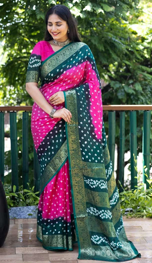 Pink and Green Color Pure Bandhej Silk Patola Print Traditional Wear Bandhani Saree -6374169157