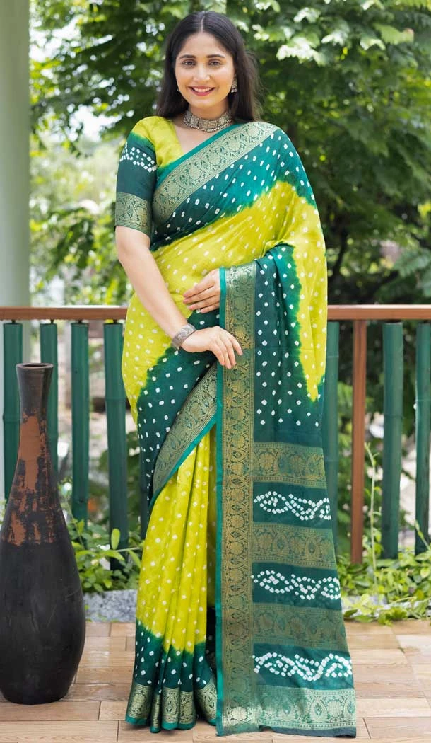 Yallow and Green Color Pure Bandhej Silk Patola Print Traditional Wear Bandhani Saree -6374169158