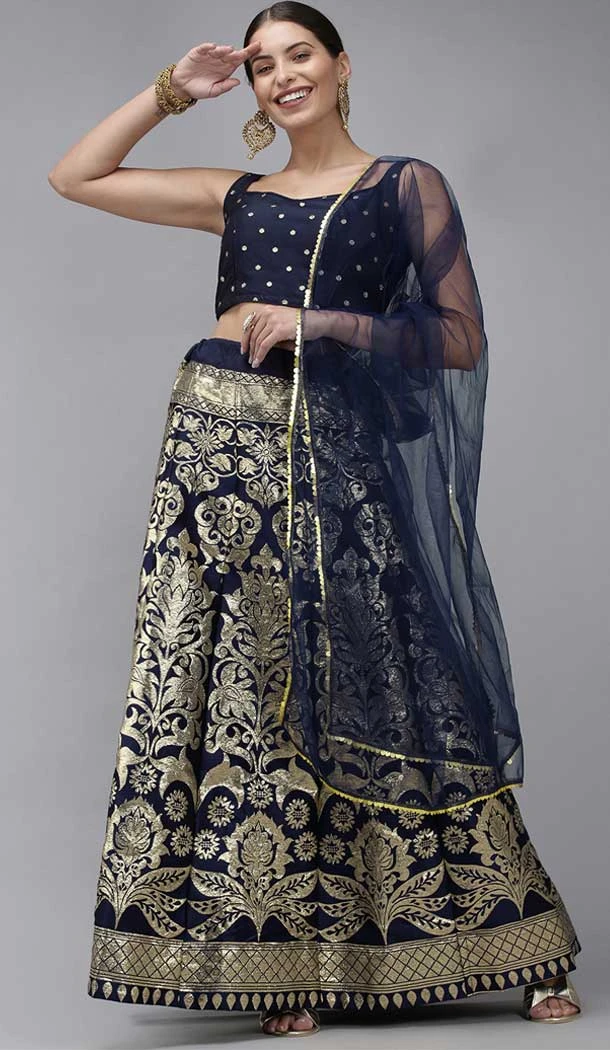 Navy Blue Color Banarasi Silk Jacquard Work Traditional Party Wear Lehenga Choli -6378169223