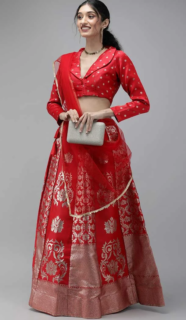 Banarasi Silk Jacquard Work Red Color Traditional Wear Lehenga Choli -6380169232