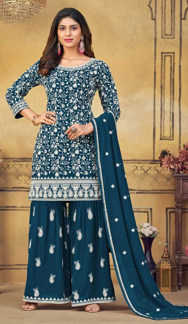 Teal Blue Color Georgette Embroidery Work Trendy Palazzo Salwar Suits -6383169244