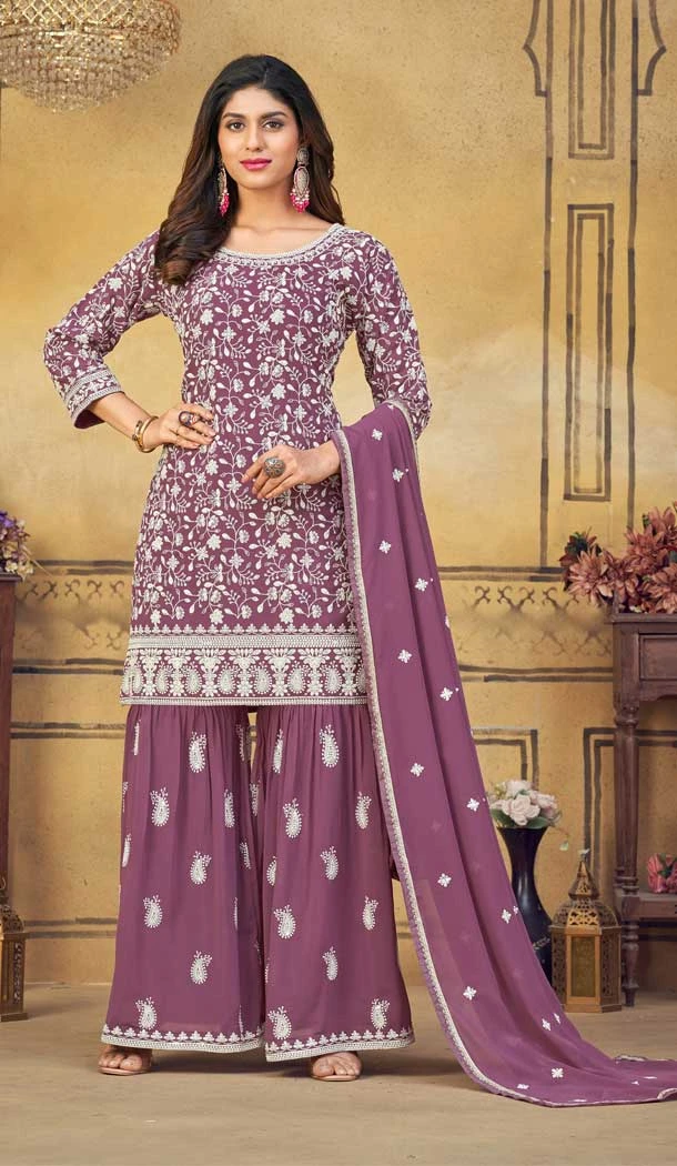 Gorgeous Mauve Color Georgette Embroidery Work Trendy Palazzo Salwar Suits -6383169247