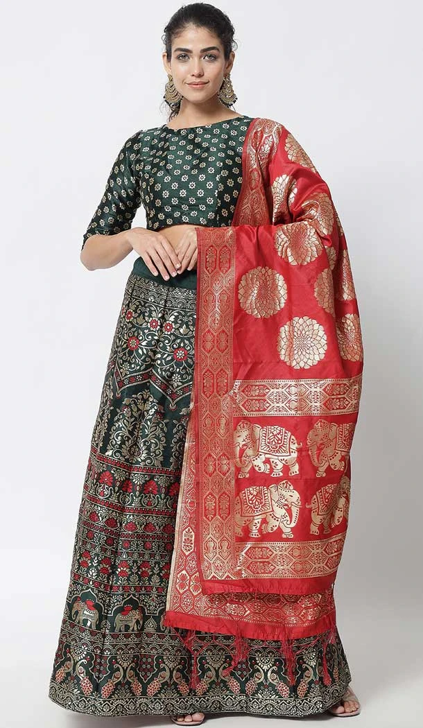 Green Color Banarasi Silk Jacquard Work Party Wear Plus SIze Lehenga Choli -6387169271