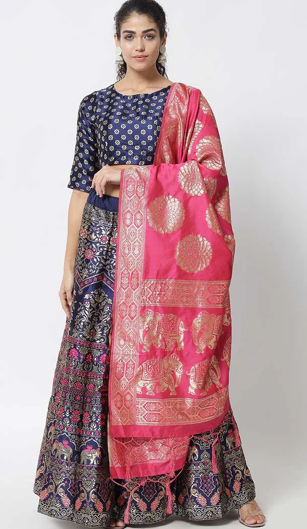 Navy Blue Color Banarasi Silk Jacquard Work Party Wear Plus SIze Lehenga Choli -6387169272