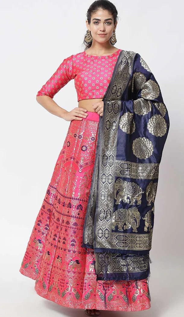 Pink Color Banarasi Silk Jacquard Work Party Wear Plus SIze Lehenga Choli -6387169273