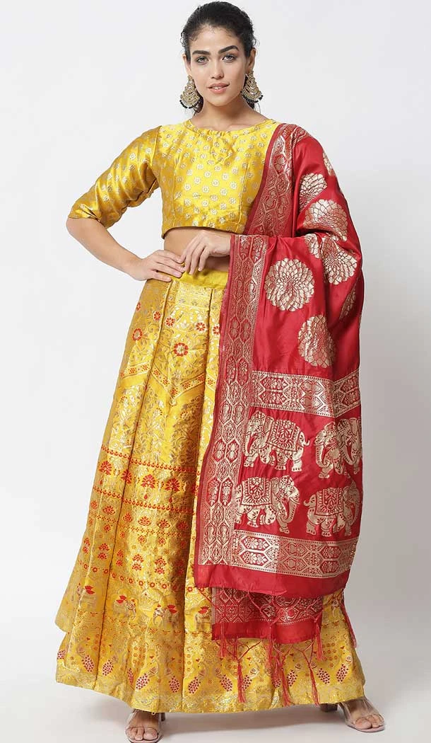 Yellow Color Banarasi Silk Jacquard Work Party Wear Plus SIze Lehenga Choli -6387169274