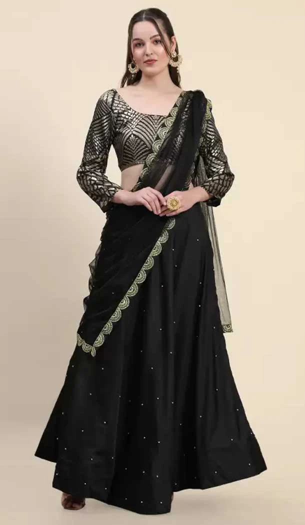 Black Color Satin Silk Stone Work Women Party Wear Plus Size Lehenga Choli -6388169275