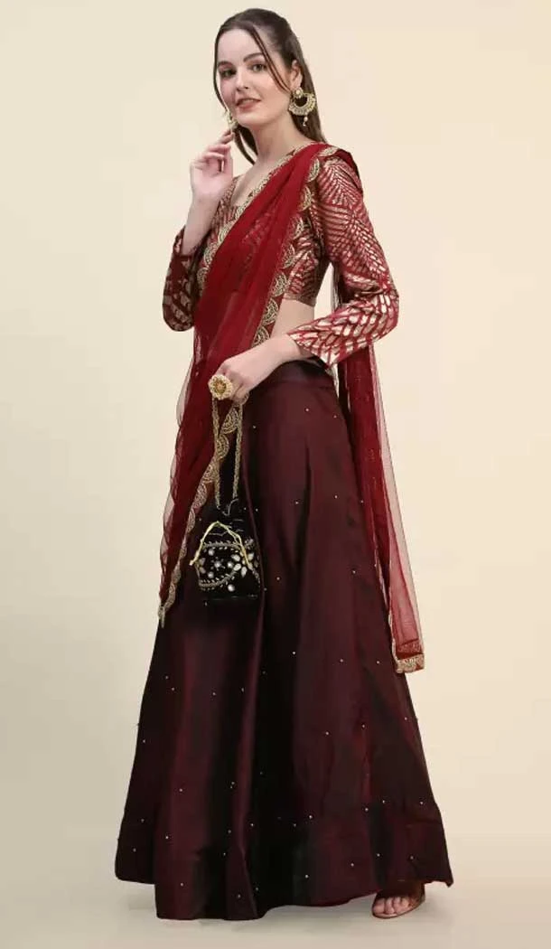 Maroon Color Satin Silk Stone Work Women Party Wear Plus Size Lehenga Choli -6388169276