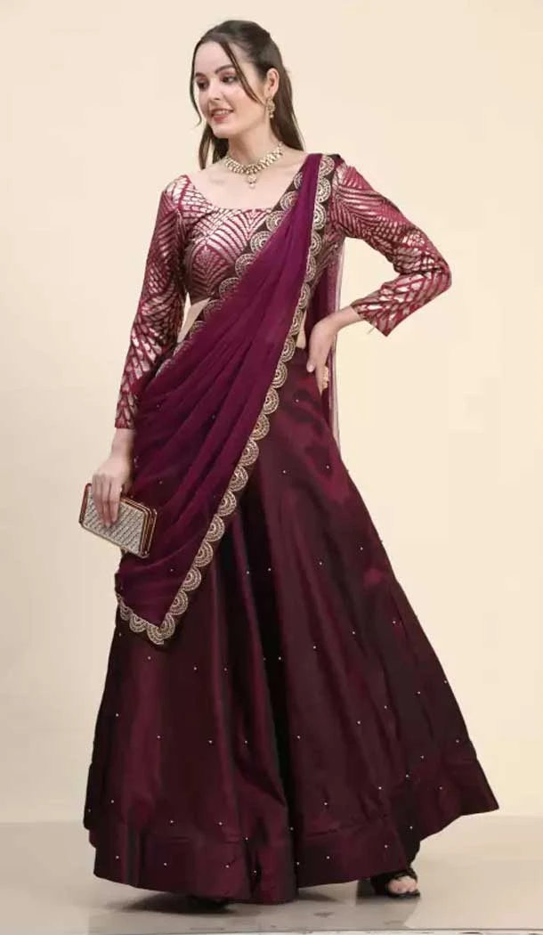 Fascinating Wine Color Satin Silk Stone Work Women Party Wear Plus Size Lehenga Choli -6388169278