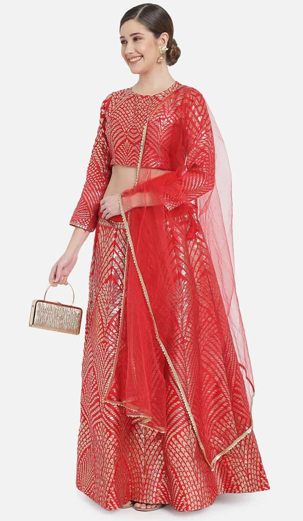 Sparkling Banarasi Silk Red Color Jacquard Work Party Wear Plus Size Lehenga Choli -6389169281