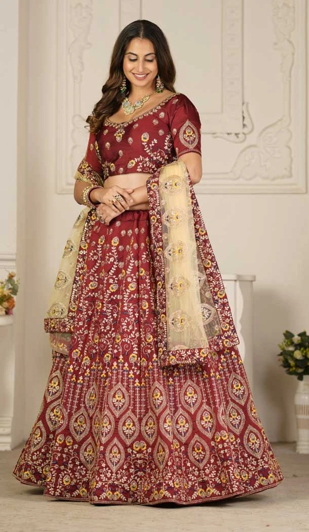 Taffeta Silk Embroidery Work Maroon Color Party Wear Plus Size Lehenga Choli -6391169293
