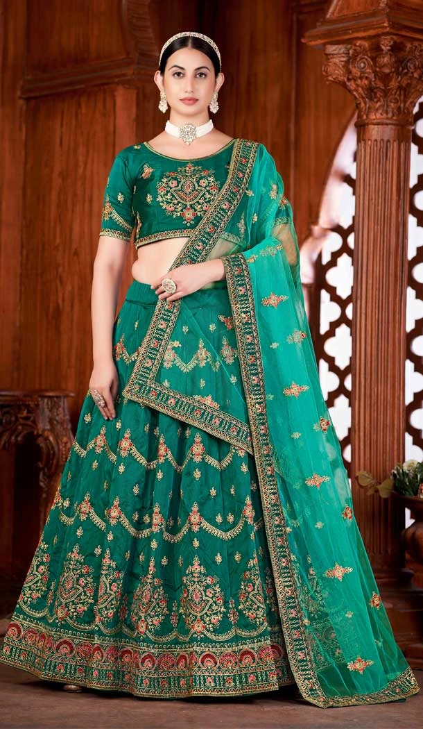 Taffeta Silk Embroidery Work Rama Green Color Party Wear Plus Size Lehenga Choli -6391169294