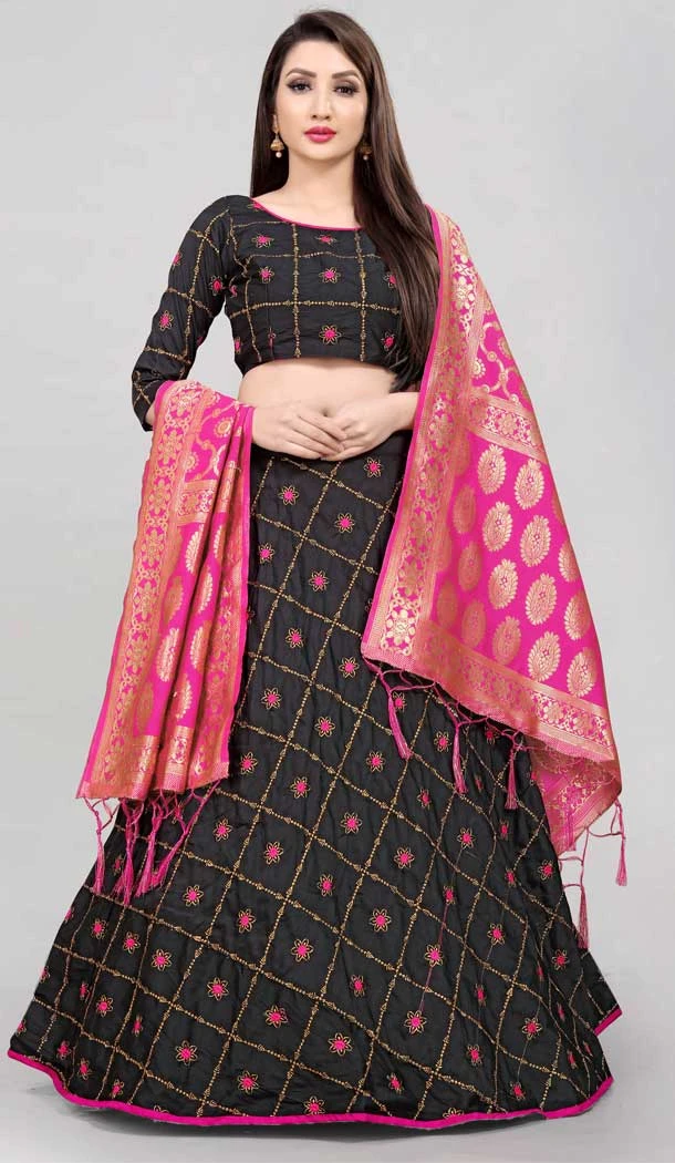 Black Color Taffeta Silk Jacquard Work Women Ethnic Wear Lehenga Choli -6392169295