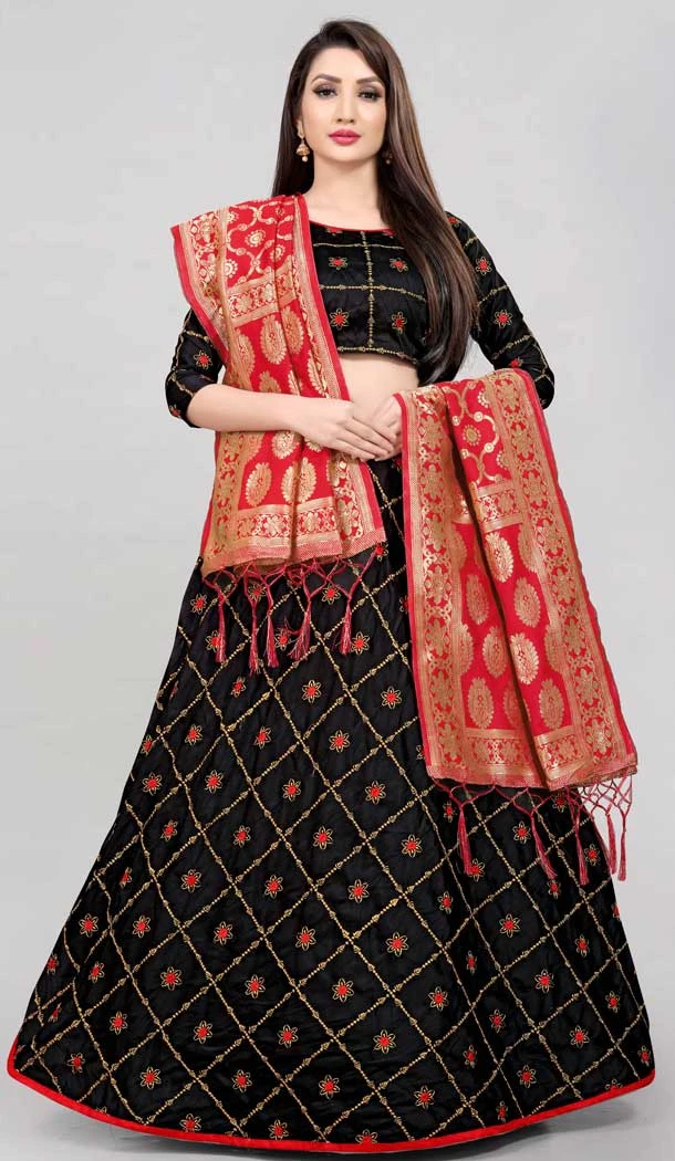 Majesty Taffeta Silk Black Color Jacquard Work Women Ethnic Wear Lehenga Choli -6392169296