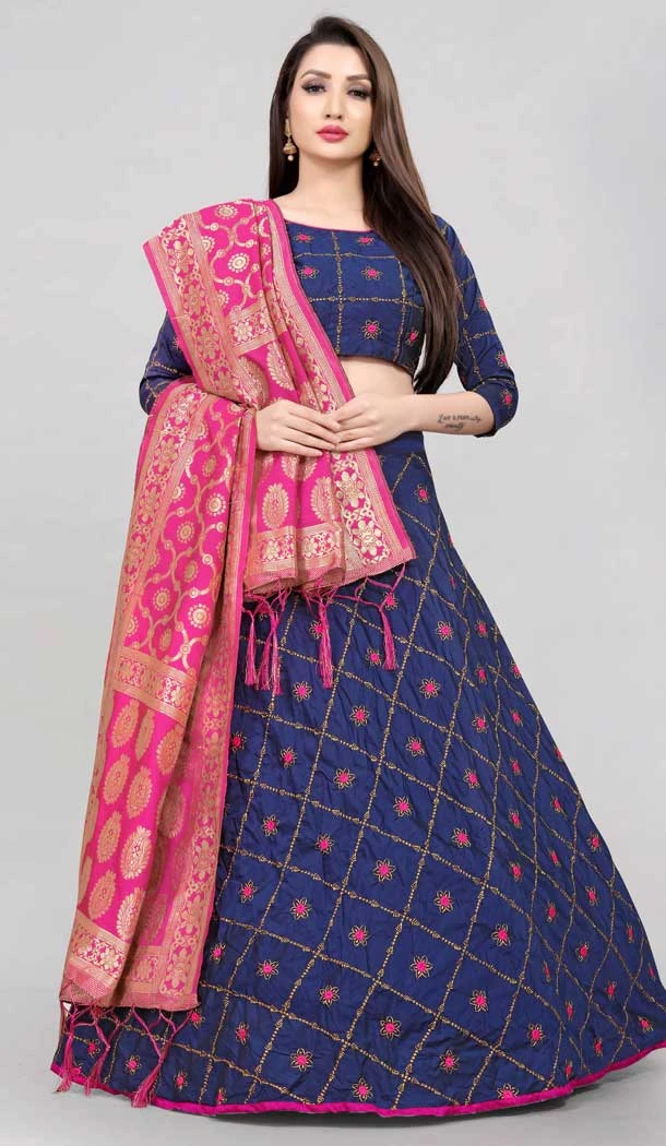 Taffeta Silk Navy Blue Color Jacquard Work Women Ethnic Wear Lehenga Choli -6392169297